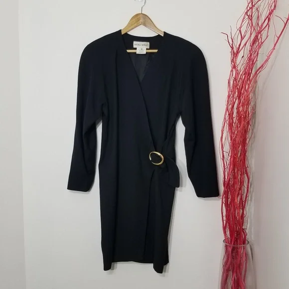 Nicole Neault Vintage Black Retro 100% Wool Bucklet Long Sleeve 80's Dress - Picture 1 of 9